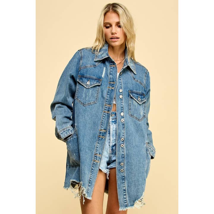 Med Wash Distressed Denim Oversize Western Shirts Jacket for wholesale on Faire