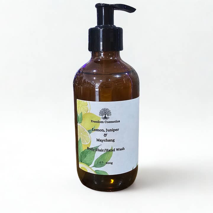 Natural Lemon, May Chang, Juniper Body/Hair/Hand Wash - Handmade in the Mournes 300g | Glass Bottle for wholesale by Freedom Cosmetics