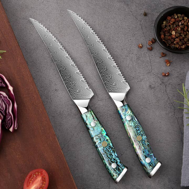 Senken Knives - Wholesale Knife Set - Damascus Steak Knife Set w Abalone Shell Handle, Set of 4