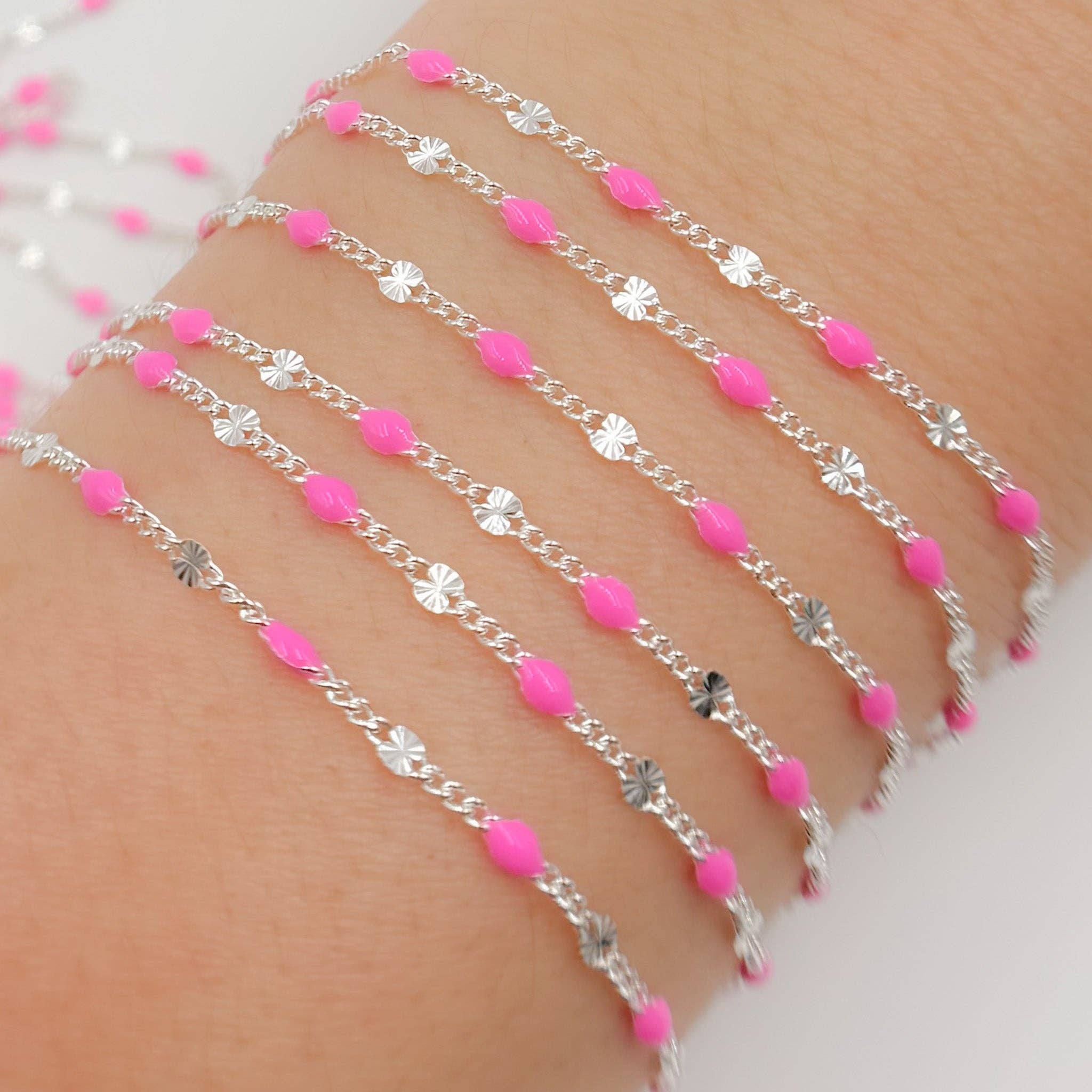 Jewels & Chains - Venta al por mayor Collares de cadenas y eslabones - V269PKSS. Cadena de eslabones Marina de esmalte color rosa de plata de ley0