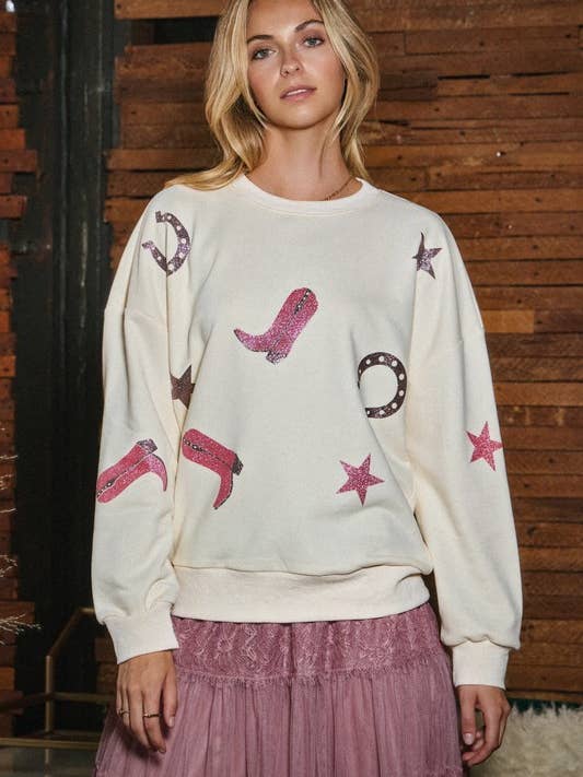 Plus Cowboy Glitter Printed Sweatshirt for wholesale by Oddi