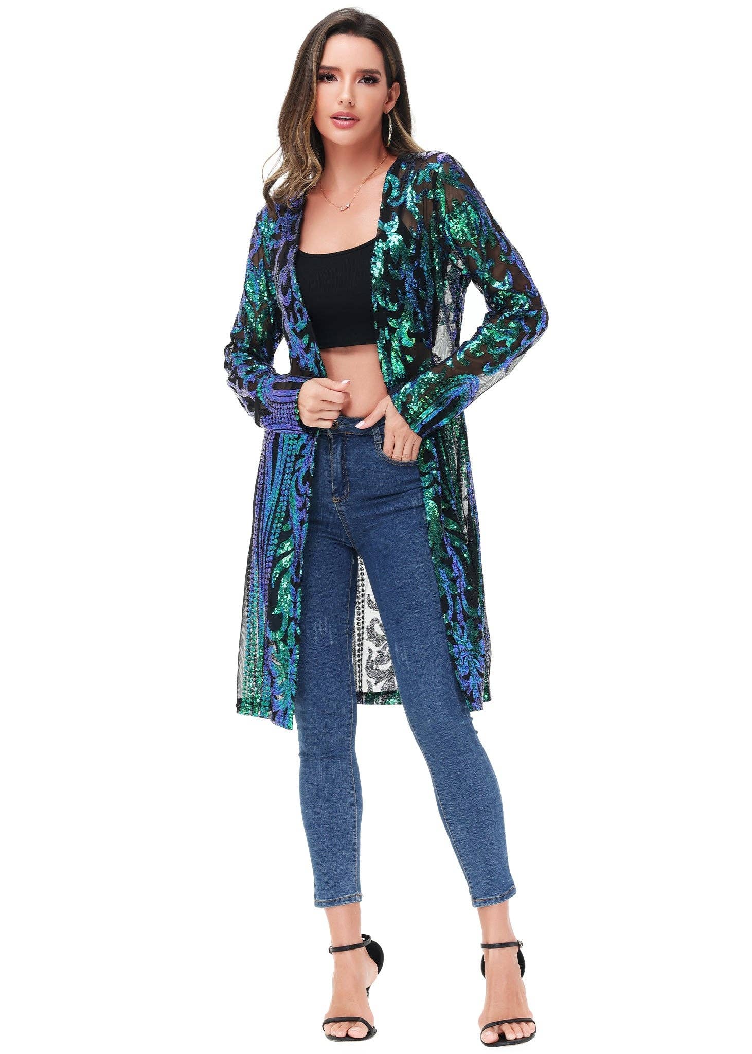 Anna Kaci Wholesale - Vente Kimono – femme - Cardigan à paillettes pour femmes à manches longues et ouvert sur le devant29