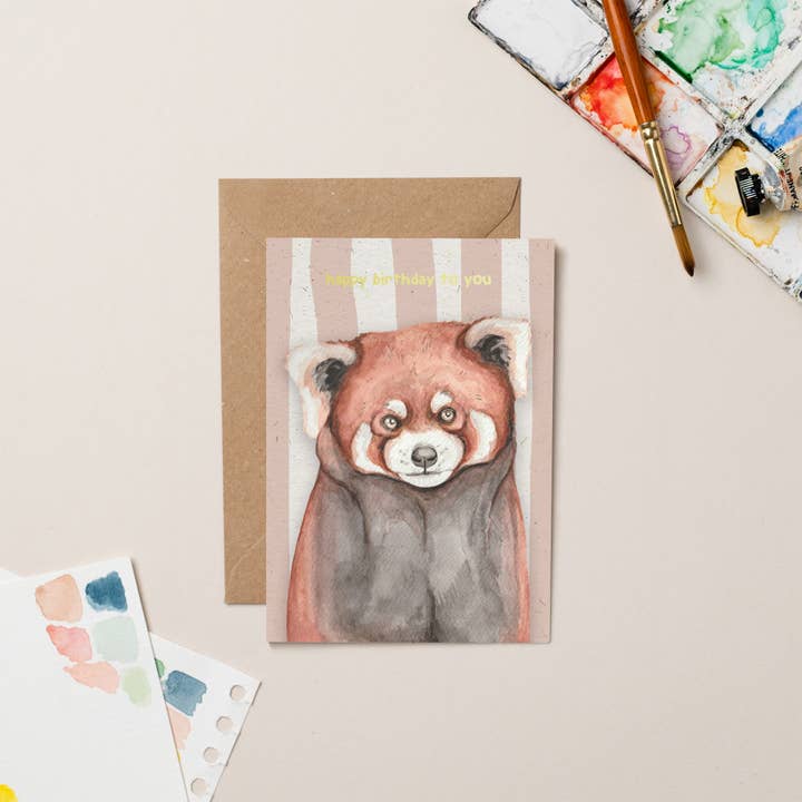 Red Panda Birthday card with Gold Foil for wholesale by lil wabbit