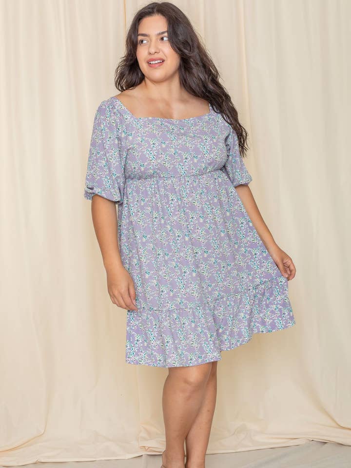 Plus Ditsy Blomstret Kvadreret Hals Mini Kjole for engroshandel hos EG fashion