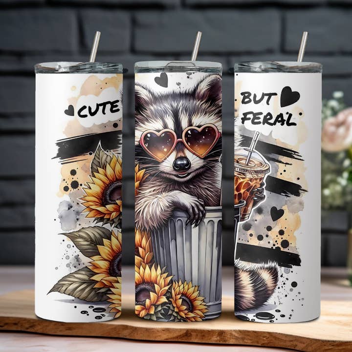 Cute but Feral Sunflower Raccoon Tumbler for wholesale by Wicked Flower Creations