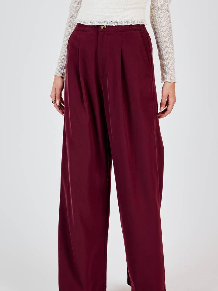 Sadie & Sage - Wholesale Pants - Women's - Silent Streets Wide Leg Pleated Pants: WINE