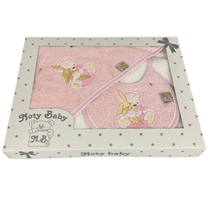 Hooded bath towel set with a cute bib for wholesale by Noty Baby