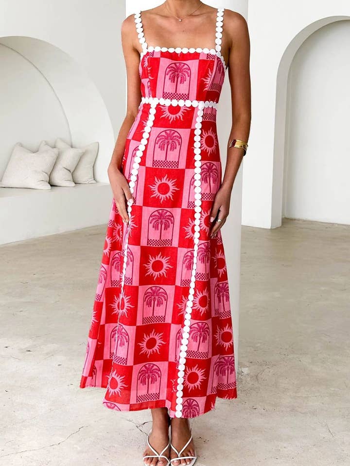 Rosa Clothing - Wholesale Dress - Women's - Graffiti cartoon fruit print ric rac Bandeau cami dress