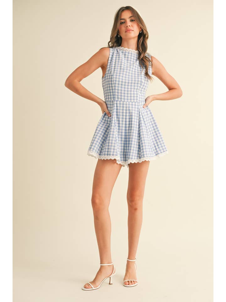 Klesis - Wholesale Romper - Women's - IR2203 SLEEVELESS GINGHAM LACE TRIM ROMPER