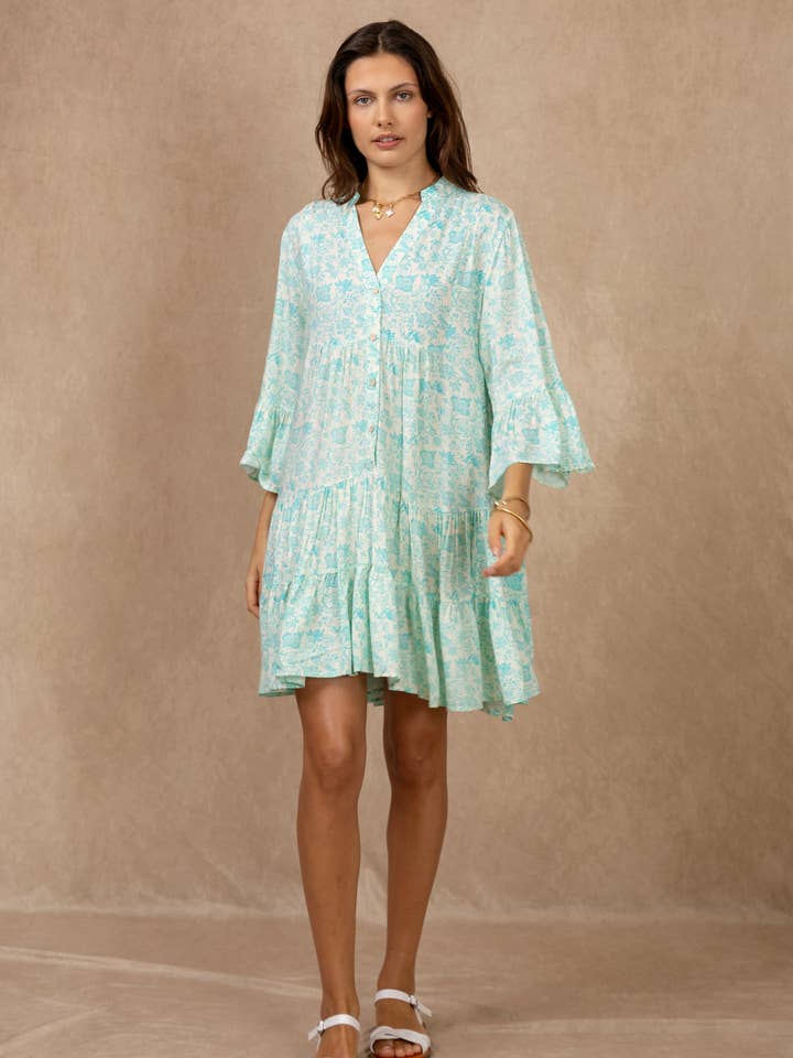 Floral print shirt dress, V-neck and flared sleeves for wholesale by last queen