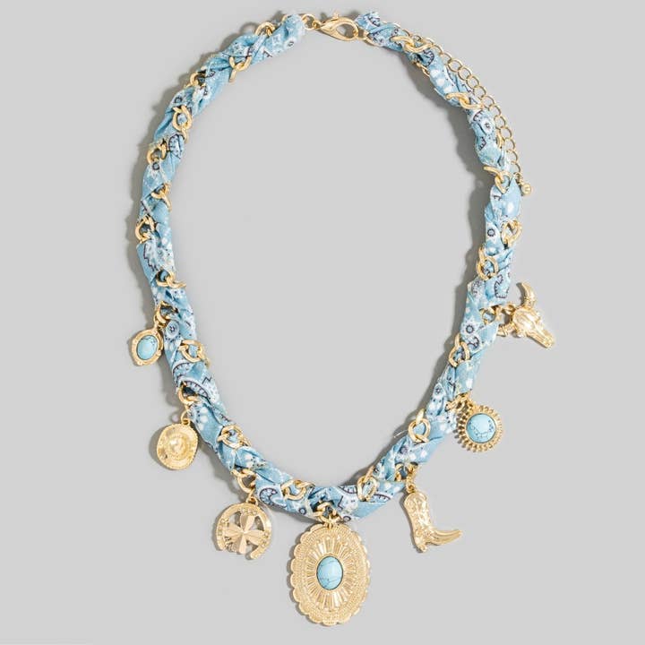 The Looks by Fame Accessories - Wholesale Pendant/Charm Necklace - Western Stone Set Concho Charms Paisley Bandana And Chain Braided Necklace7