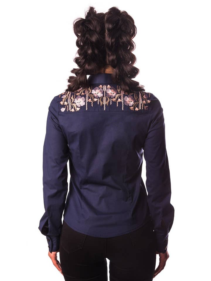Slobozhanka - Vente Chemise à col boutonné – femme - Blouse brodée bleu foncé Zara