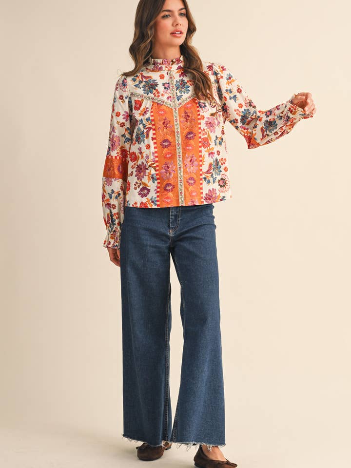 &MERCI - Wholesale Blouse - Women's - EXCLUSIVE FLORAL BORDER PRINT TOP WITH FLORAL TRIM MTP409718