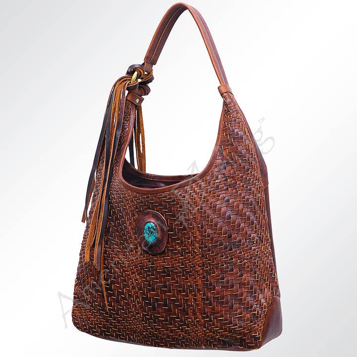 LC-ADBGM153 Woven Genuine Leather Hobo Bag with Turquoise Concho & Tassel - Western Style for wholesale by LS Western