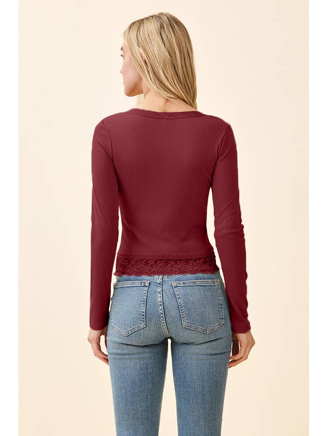 Heart & Hips - Wholesale Knit Top - Women's - BUTTON FRONT HENLEY WITH LACE AT NECK & BOTTOM HEM8