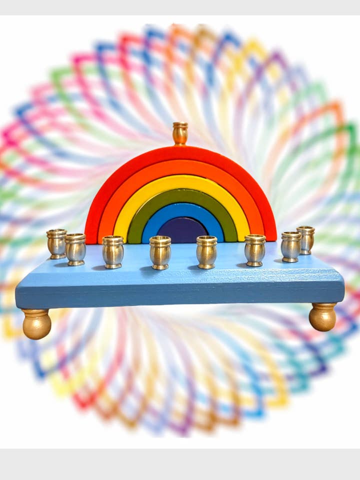 Rainbow Menorah for wholesale by Eclectic Judaica