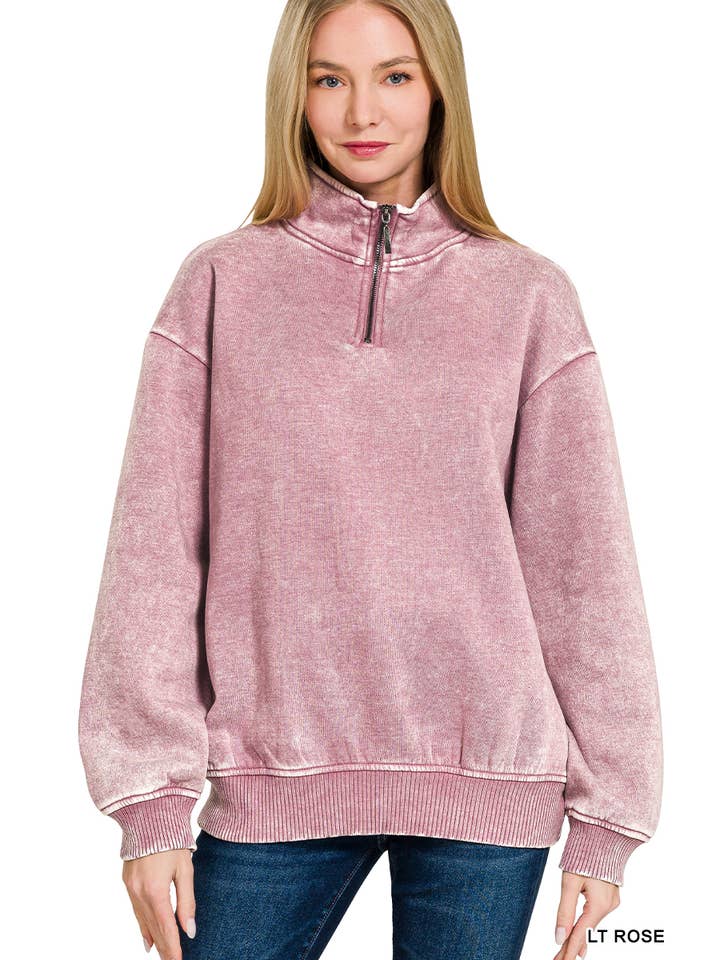 42POPS - Wholesale Sweatshirt - Women's - ,..0810 Acid Wash Fleece Half Zip Pullover SI-267486