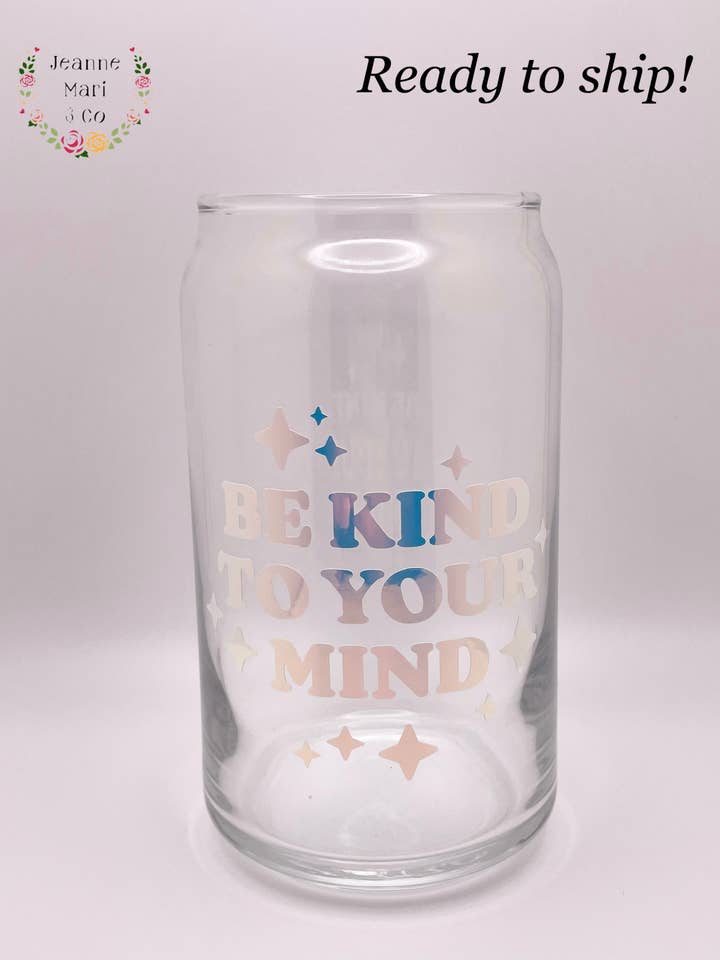 Be Kind Can Glass Cup, Libbey Glass, with Straw and Lid for wholesale by Jeanne Mari & Co
