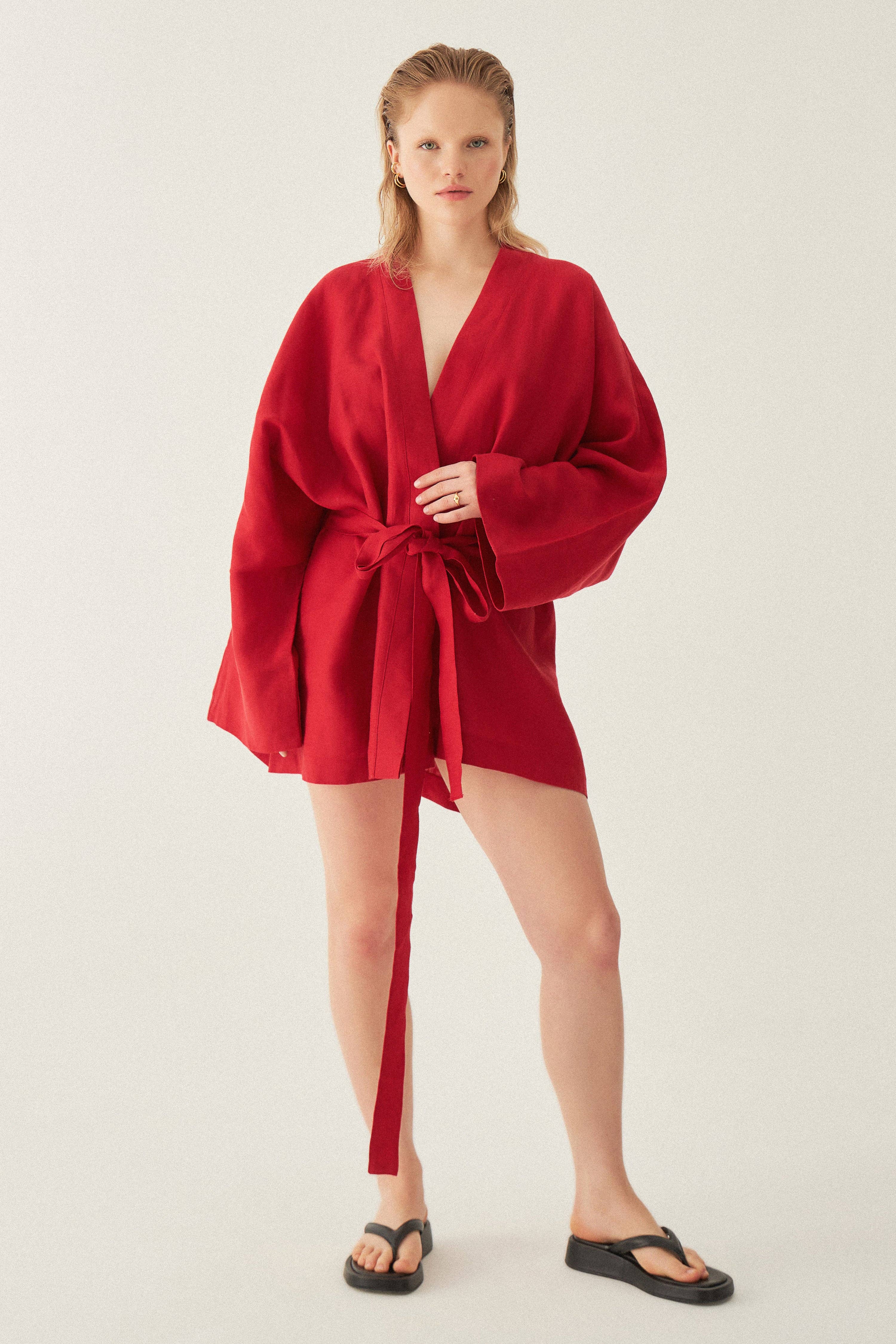 Le Cle – Kimono - Mulher por atacado – Kimono Riva em linho de corte amplo e comprimento curto6