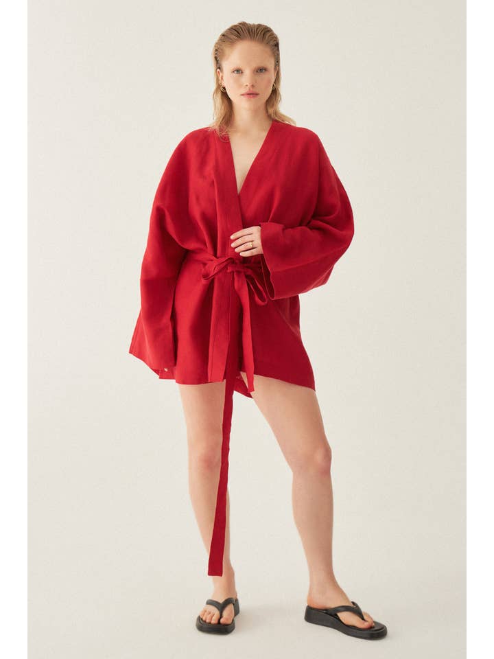 Le Cle – Kimono - Mulher por atacado – Kimono Riva em linho de corte amplo e comprimento curto6