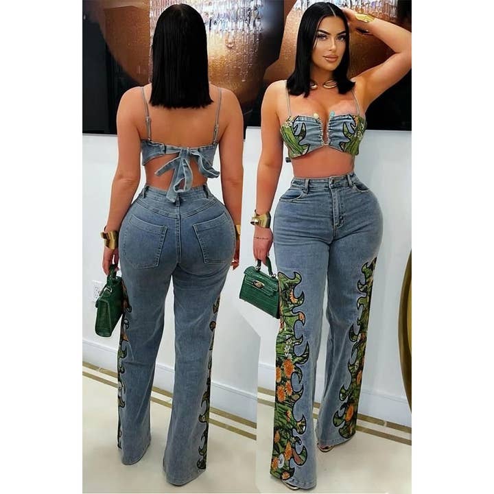 Printed Denim Bra Top and Pant Set for wholesale on Faire