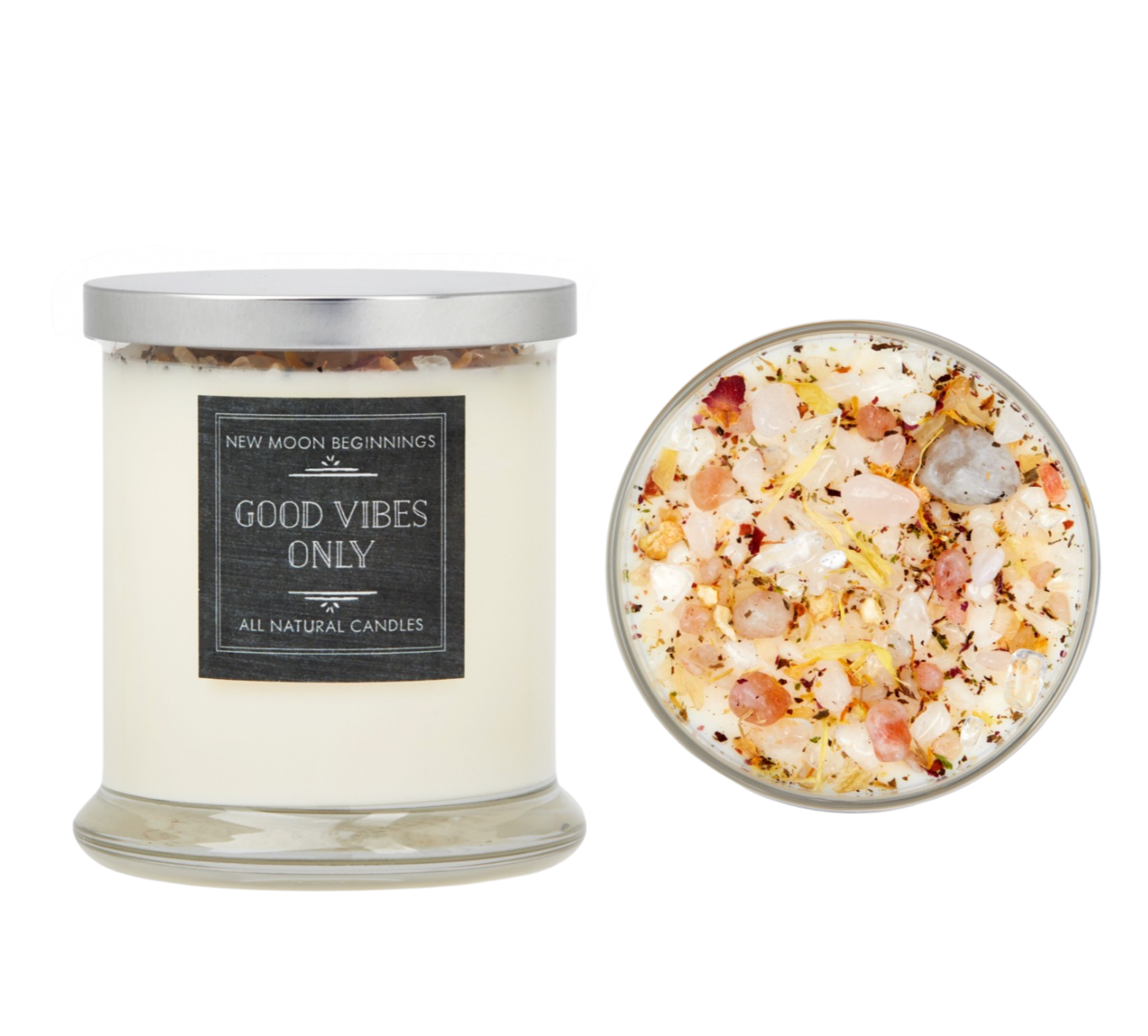 New Moon Beginnings - Wholesale Jar/Filled Candle - Good Vibes Only Candle - Herb, Flower, & Crystal Candles2