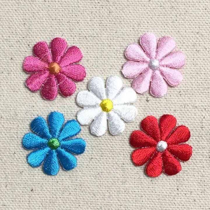 Small - Daisy Flower - COLOR CHOICE: Fuchsia, Turquoise Blue, White, Red, Light Pink- Iron on Applique - Embroidered Patch - 694071 for wholesale by Wholesale Applique