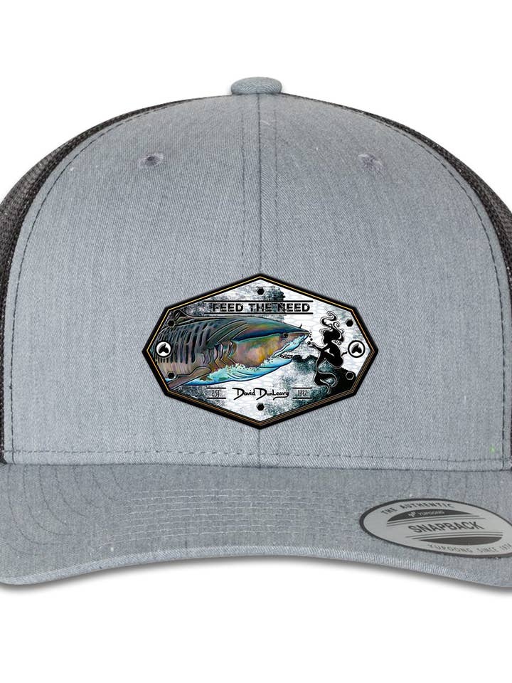 Tiger Shark & Mermaid 6 Panel Trucker Snap Back Heather Grey Black Hat for wholesale by David Dunleavy