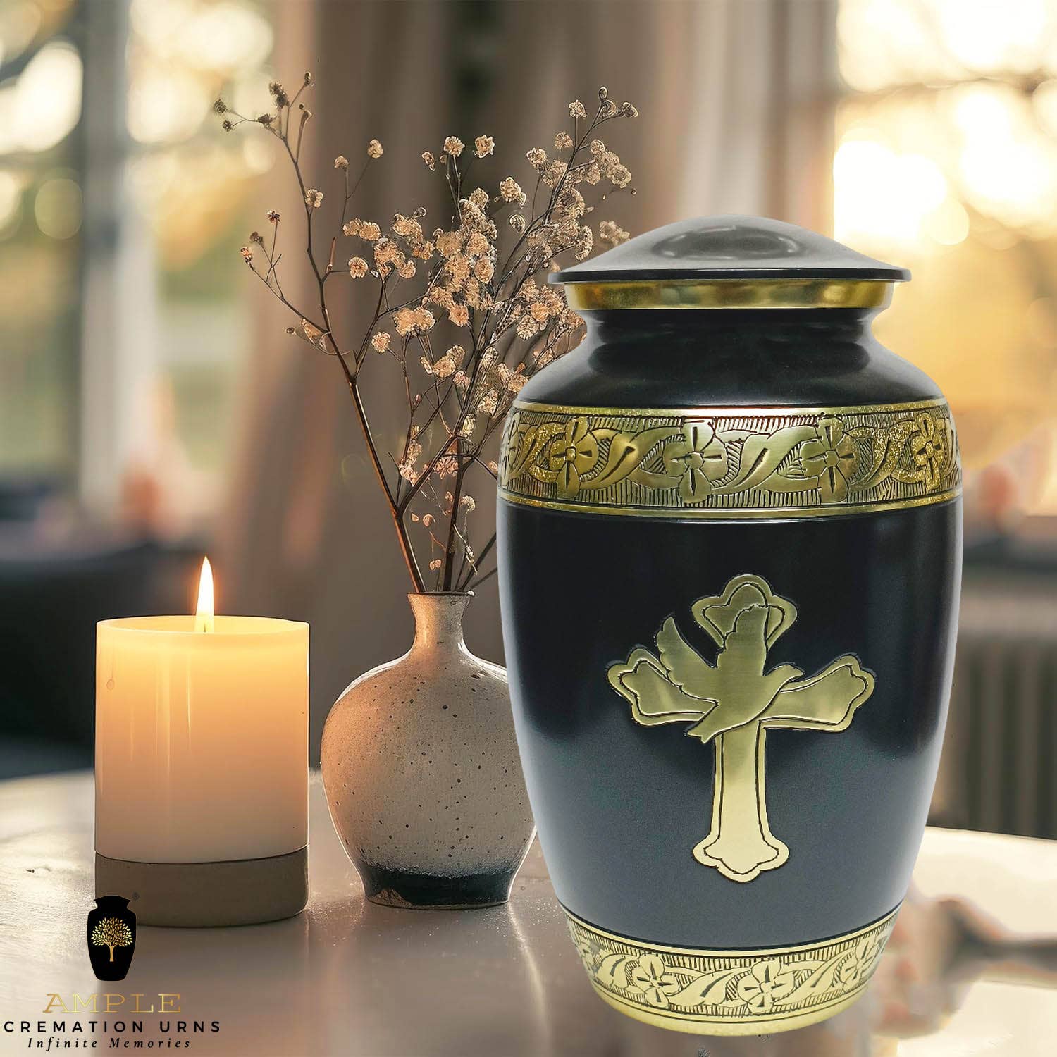Ample Cremation Urns - Wholesale Urn - Black & Gold Cross Urn – Faith Dove Adult Ashes Memorial3