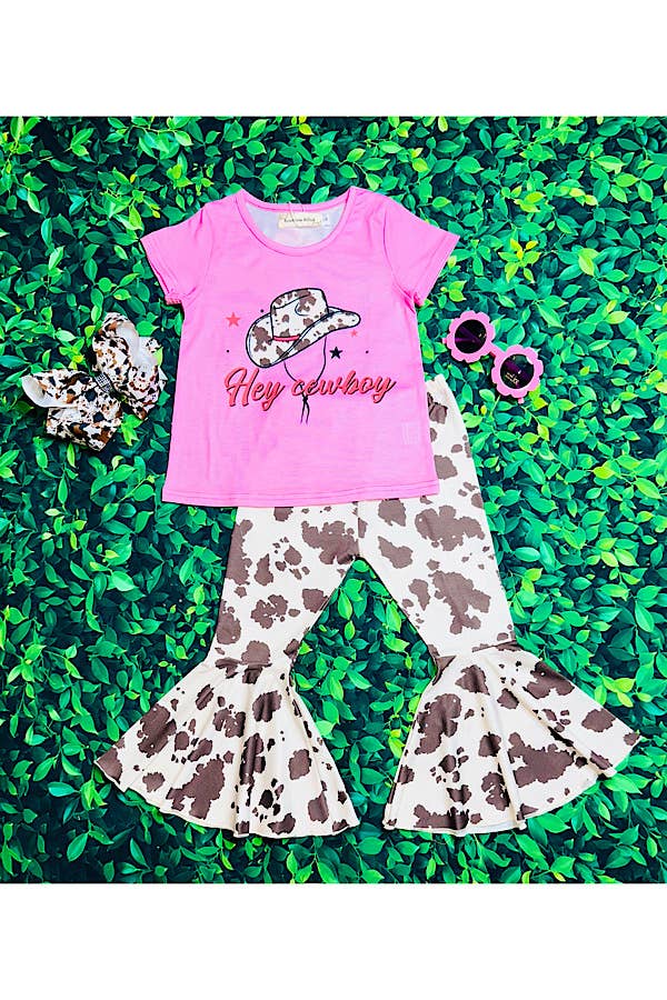 luluclothes - Wholesale Top & Pant Set - Kids - "HEY COWBOY" pink & cowhide 2pc set XCH0666-14H2