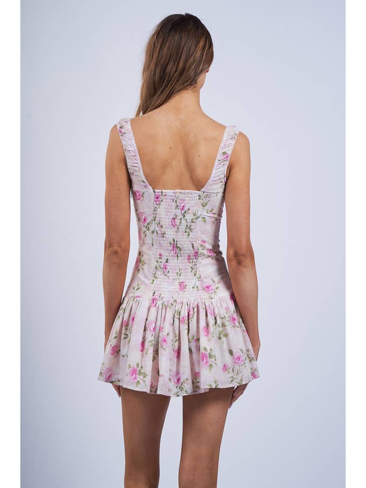 PINK FLORAL WIDE STRAP FIT & FLARE MINI DRESS for wholesale on Faire4