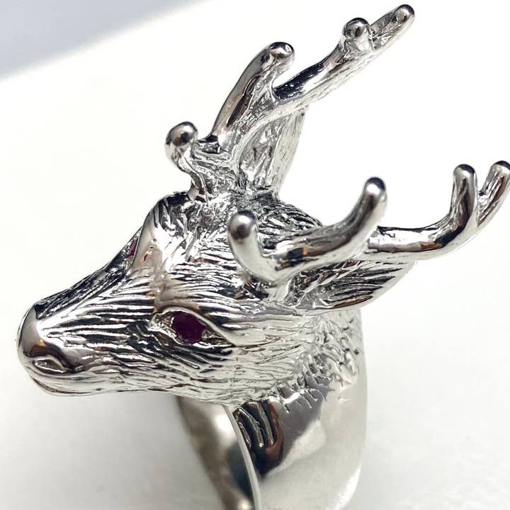 Large Deer Head Ring with Ruby Eyes, Antique Sterling Silver for wholesale by Twan Kee Jewelry