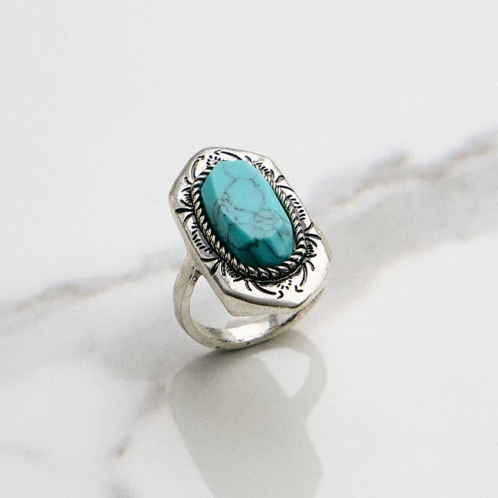 Etched Turquoise Western Ring for wholesale by Lilla Haven