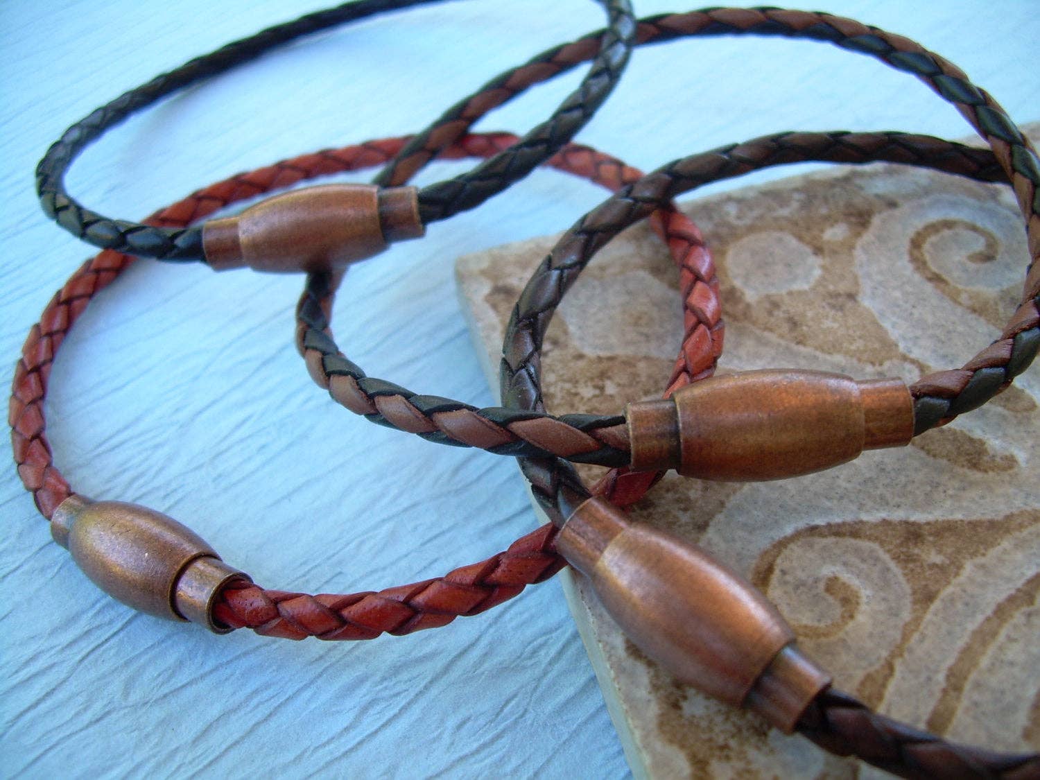 Urban Survival Gear USA - Wholesale Jewelry - Men's - Thin Braided Leather Bracelet with Copper toned Brass Magnetic Clasp Mens Jewelry Mens Bracelets Leather Bracelet Boyfriends Gift Mens4