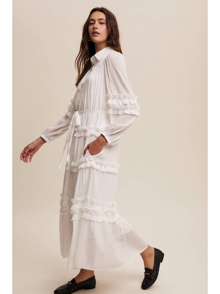 Listicle - Wholesale Dress - Women's - Ruffled Belted Maxi Shirt Dress LD14964