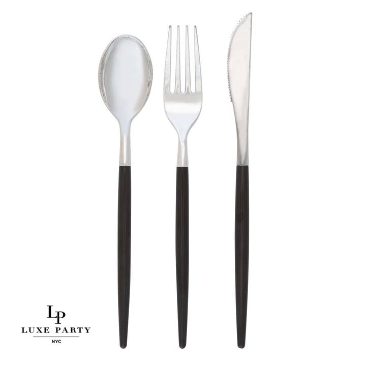 Black • Silver Plastic Cutlery Set | 32 Pieces for wholesale by Luxe Party