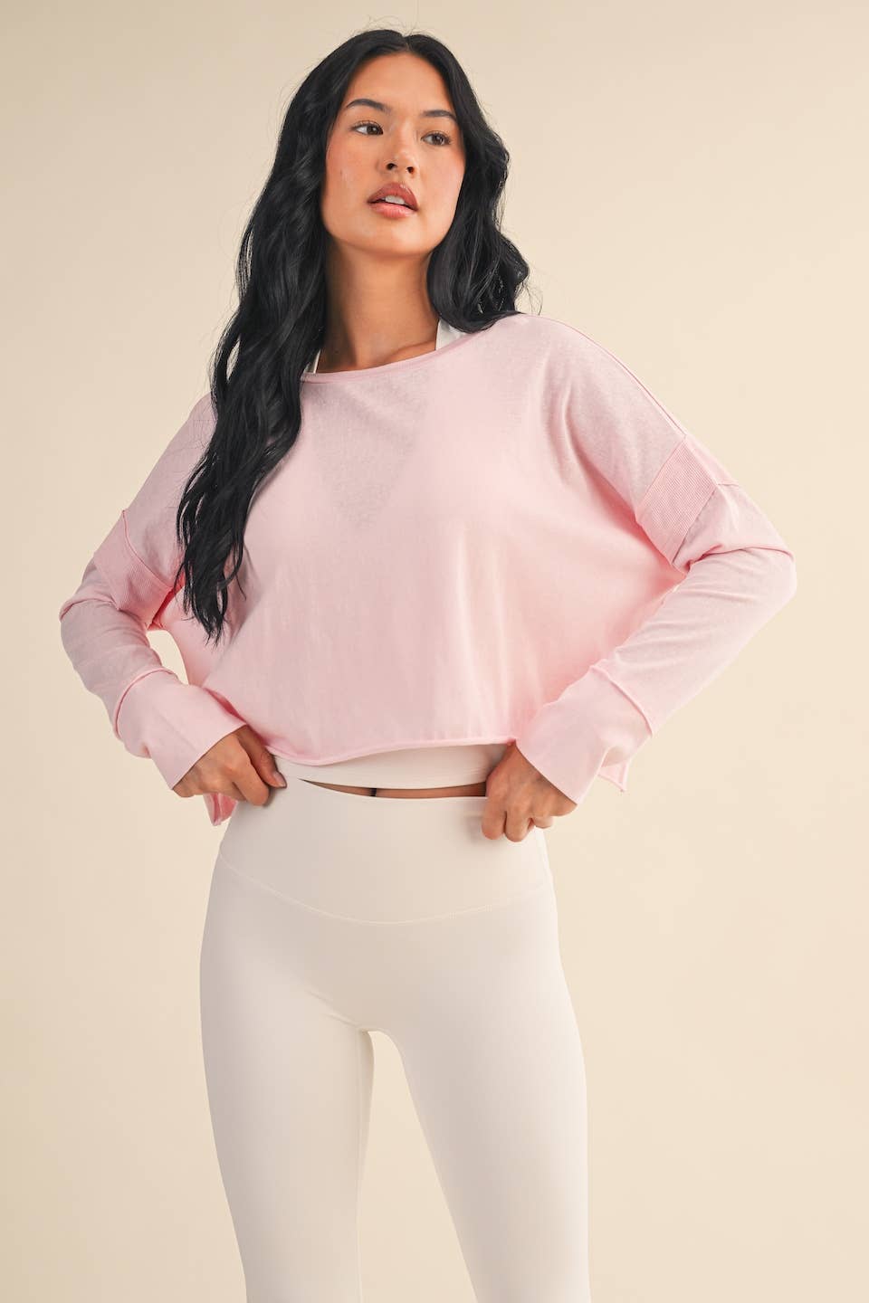 KIMBERLY C - Wholesale Athletic Top - Women's - Cotton Slub Cutout Back Long Sleeve Layering Top3