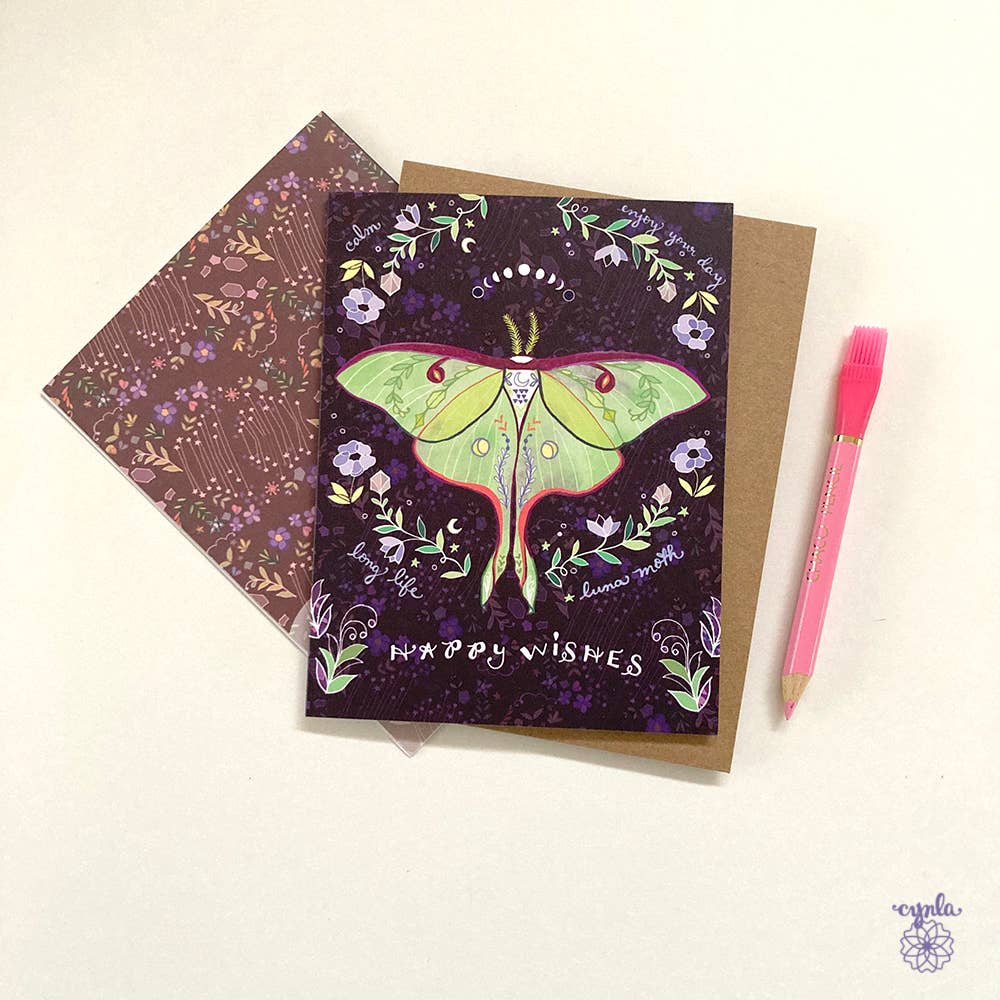 Cynla – Großhandel Geburtstagskarten – Luna Moth Grußkarte — Luna Moth Geburtstagsmotten lila1