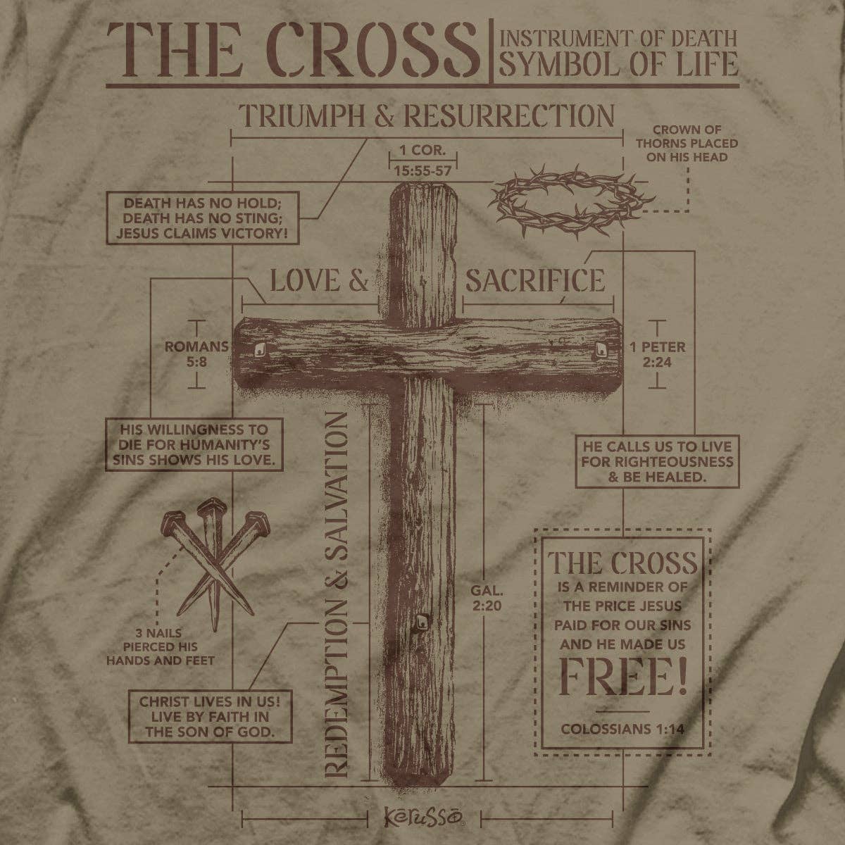 Khaki Kerusso Christian T-Shirt The Cross for wholesale on Faire4