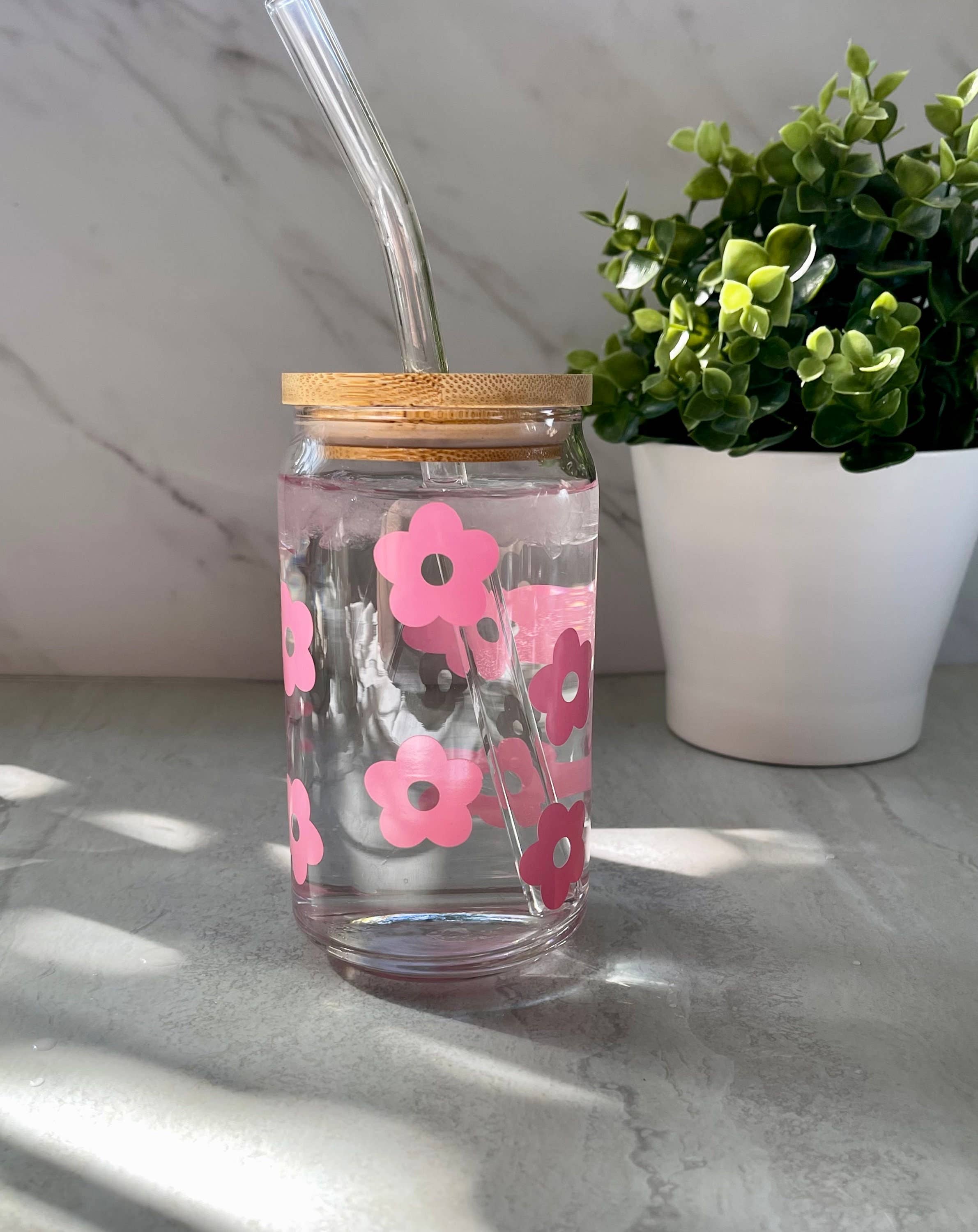 Designs & Crafts By Mo - Wholesale Drinking Glass/Cup - Retro Flower Coffee Glass Can, 16oz, Iced Coffee Beer Glass Can, Aesthetic TikTok Trendy, Free Shipping, Customizable Cup, Co-Worker Gift0