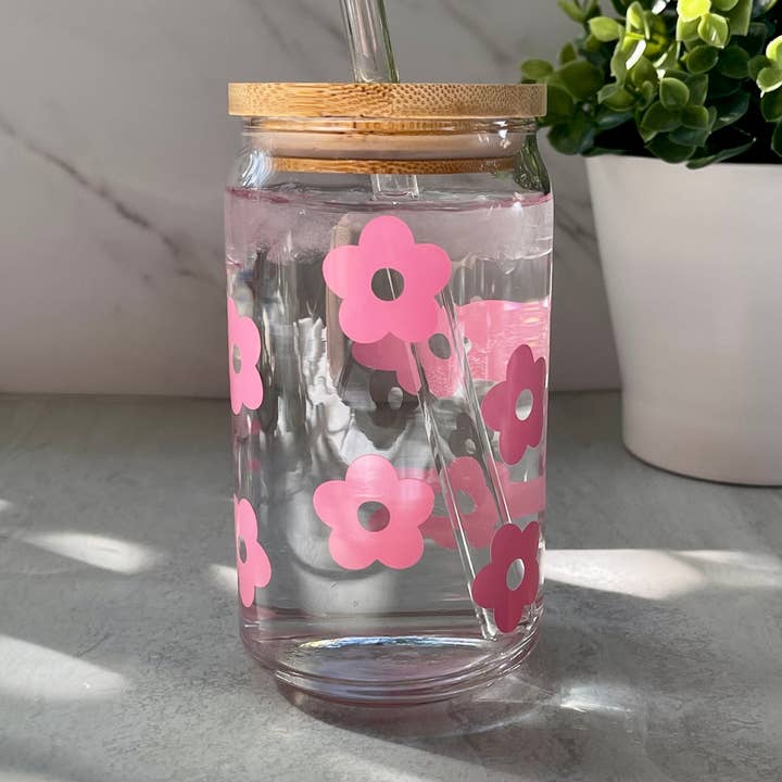 Designs & Crafts By Mo - Wholesale Drinking Glass/Cup - Retro Flower Coffee Glass Can, 16oz, Iced Coffee Beer Glass Can, Aesthetic TikTok Trendy, Free Shipping, Customizable Cup, Co-Worker Gift0