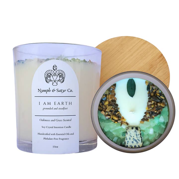 I AM EARTH • Vela de cristal de soja de 10 oz (vidrio transparente) para venta al por mayor de Nymph & Satyr Co.