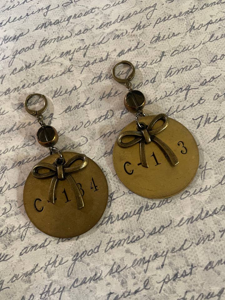 Vintage locker tag & bow earrings-Steampunk/Sustainable for wholesale by Savannah Hoffman Designs Artisan Jewelry