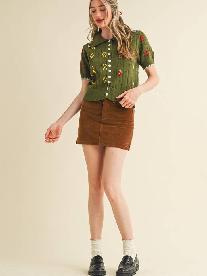 &MERCI - Wholesale Knit Sweater - Women's - HAND EMBROIDERED SHORT SLV BUTTON DOWN SWEATER MSW1095336