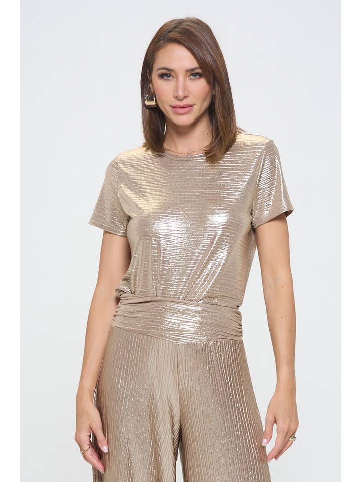 Gold Made in USA Metallic Textured Short Sleeve Top for wholesale on Faire