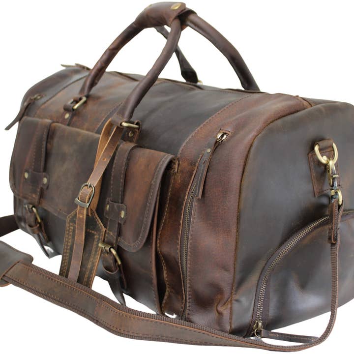 hide & chic - Wholesale Weekender bag – Unisex - Quality Full Grain Genuine Leather Travel Bag with Adjustable Shoulder Strap. FREE Leather Apple Air-tag Holder.5