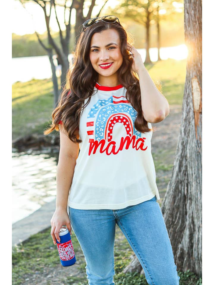 Mix Pattern Mama Patriotic Rainbow Tee for wholesale on Faire