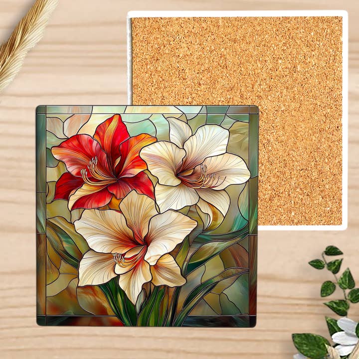 Amaryllis Floral Coaster, Art Deco, Home Office Table Accent for wholesale by Fernville Creations