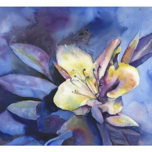 Aquarelle à l'azalée. Aquarelle artistique d'azalée colorée, œuvre d'art bleu jaune, aquarelle florale, bleu, jaune, floral (imprimé) pour la vente par Ryan Fox Fine Art
