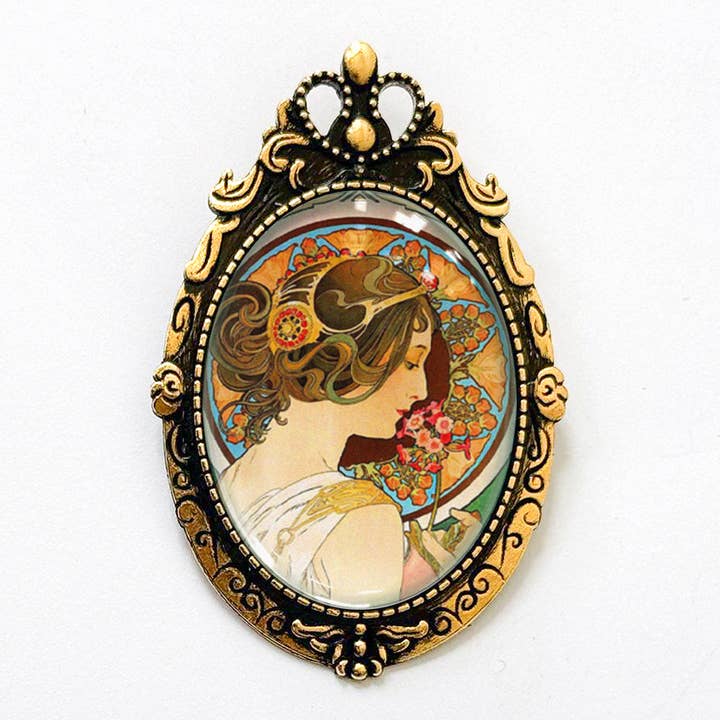Art Nouveau Mucha Primrose Brooch Vintage La Primavera Art for wholesale by Asunder Bazaar